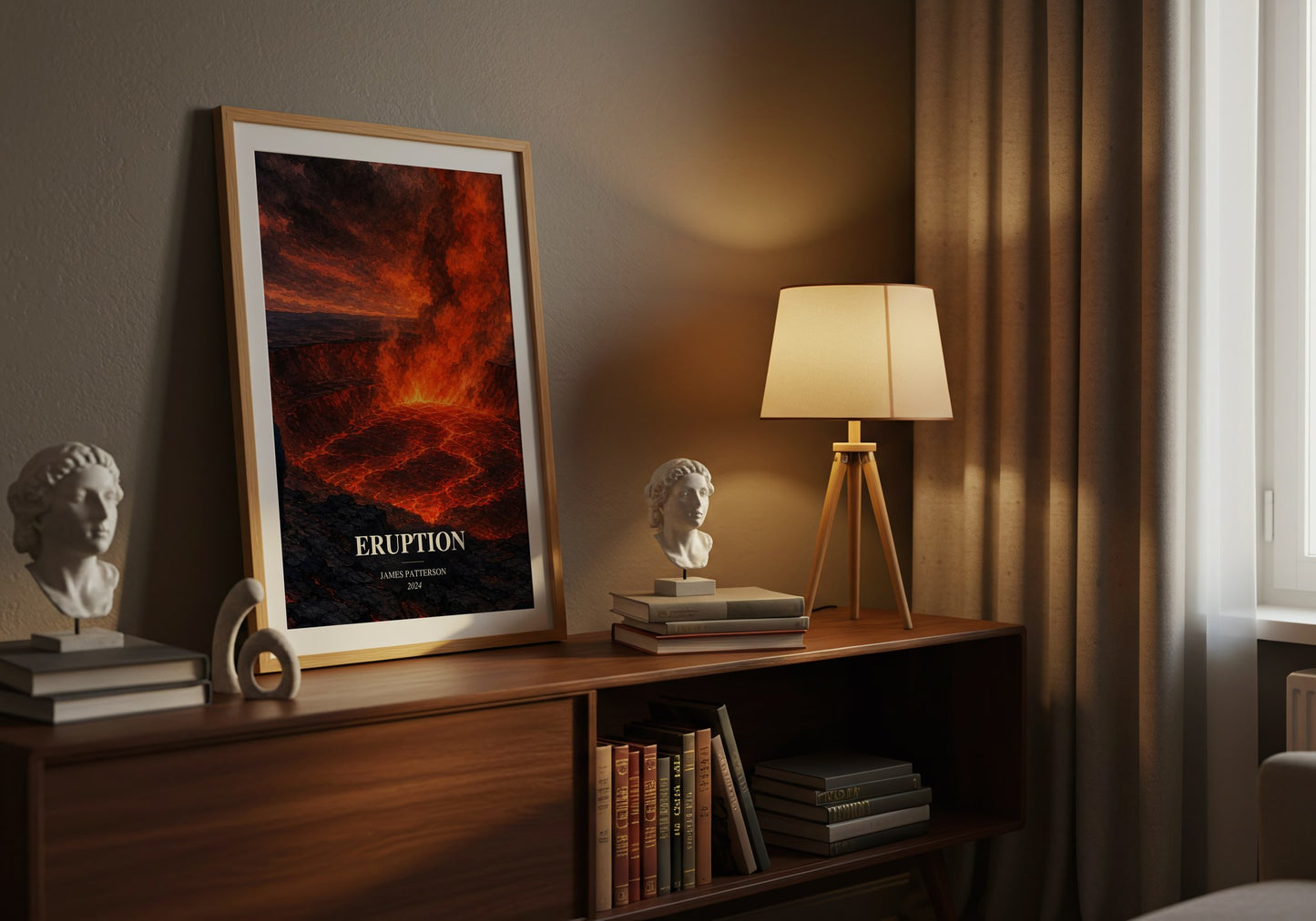 Eruption watercolour print on bookshelf – James Patterson fan gift