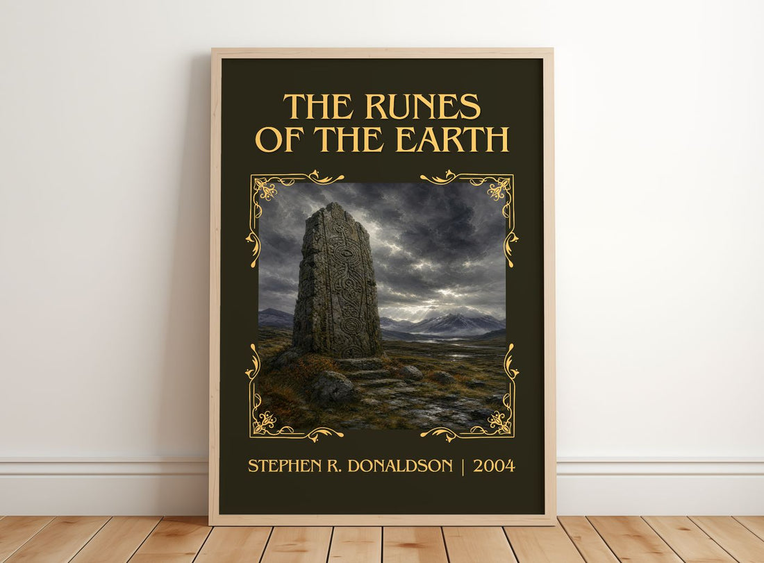 The Runes of the Earth Classic Book Art Print by Stephen R. Donaldson – framed print leaning on a wooden floor