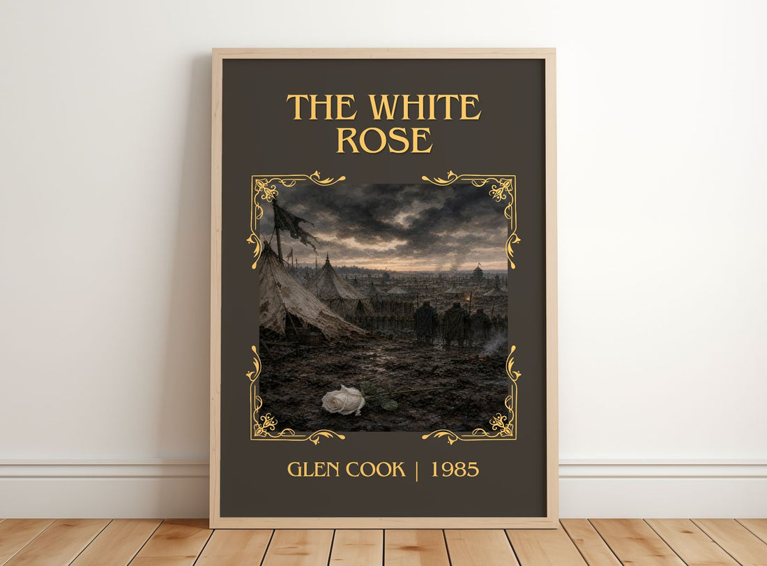 The White Rose Classic Book Art Print by Glen Cook – framed print leaning on a wooden floor