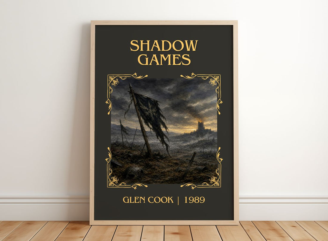 Shadow Games Classic Book Art Print by Glen Cook – framed print leaning on a wooden floor