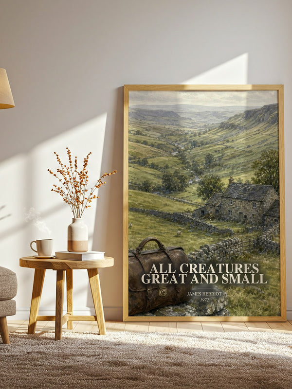 All Creatures Great And Small watercolour print in frame leaning in hallway – memoir wall art