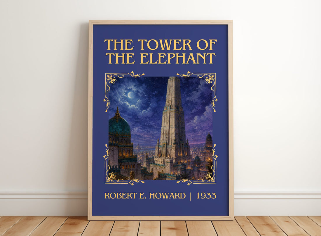 The Tower of the Elephant Classic Book Art Print by Robert E. Howard – framed print leaning on a wooden floor