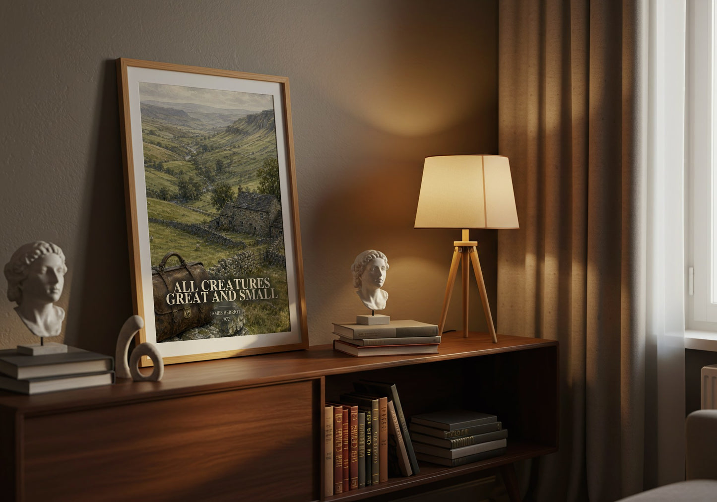 All Creatures Great And Small watercolour print on bookshelf – James Herriot fan gift