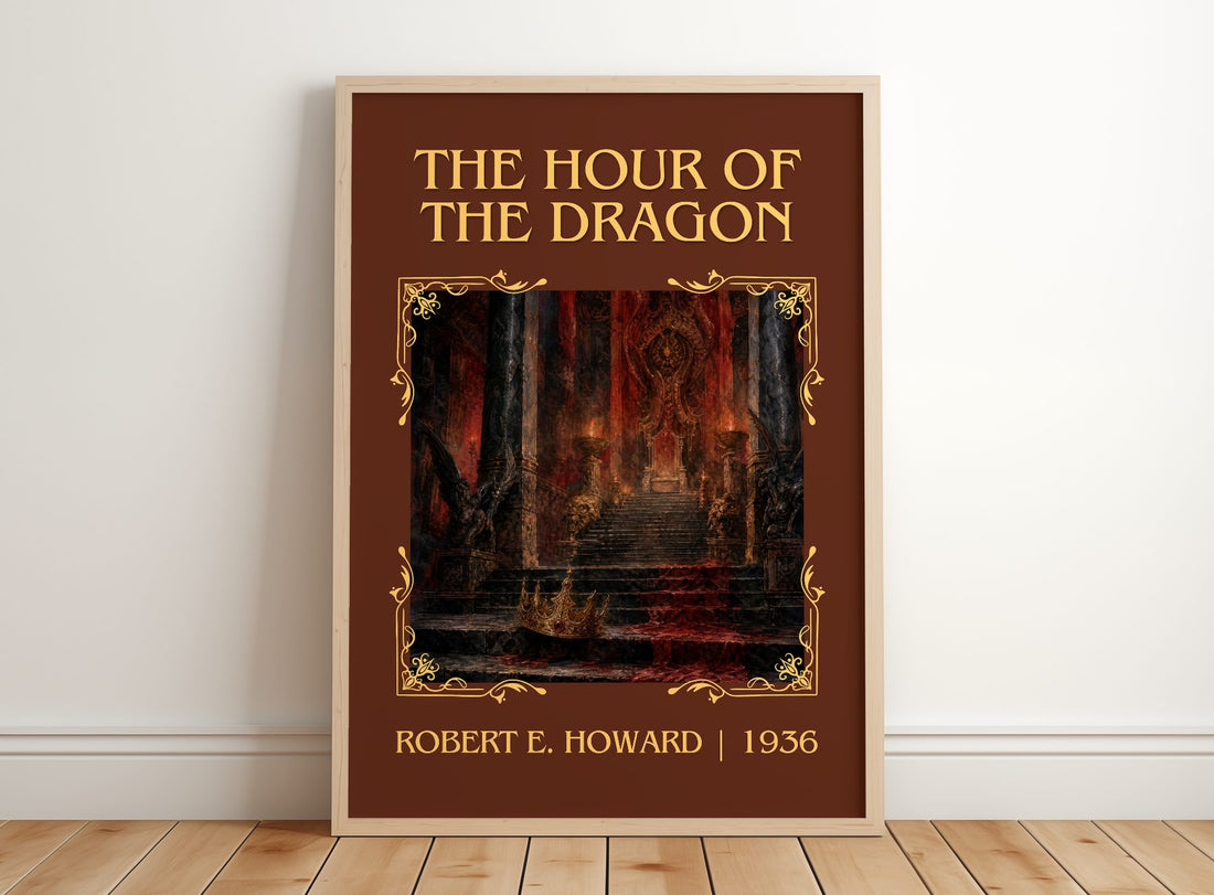 The Hour of the Dragon Classic Book Art Print by Robert E. Howard – framed print leaning on a wooden floor
