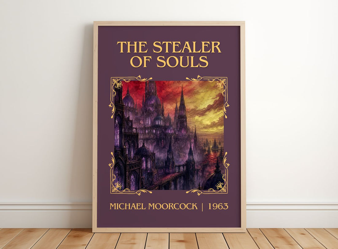 The Stealer of Souls Classic Book Art Print by Michael Moorcock – framed print leaning on a wooden floor
