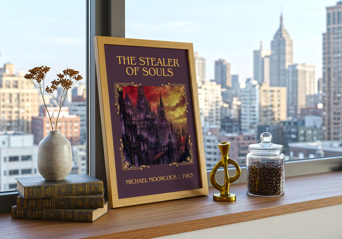 The Stealer of Souls Classic Book Art Print by Michael Moorcock – framed print on a city-view windowsill