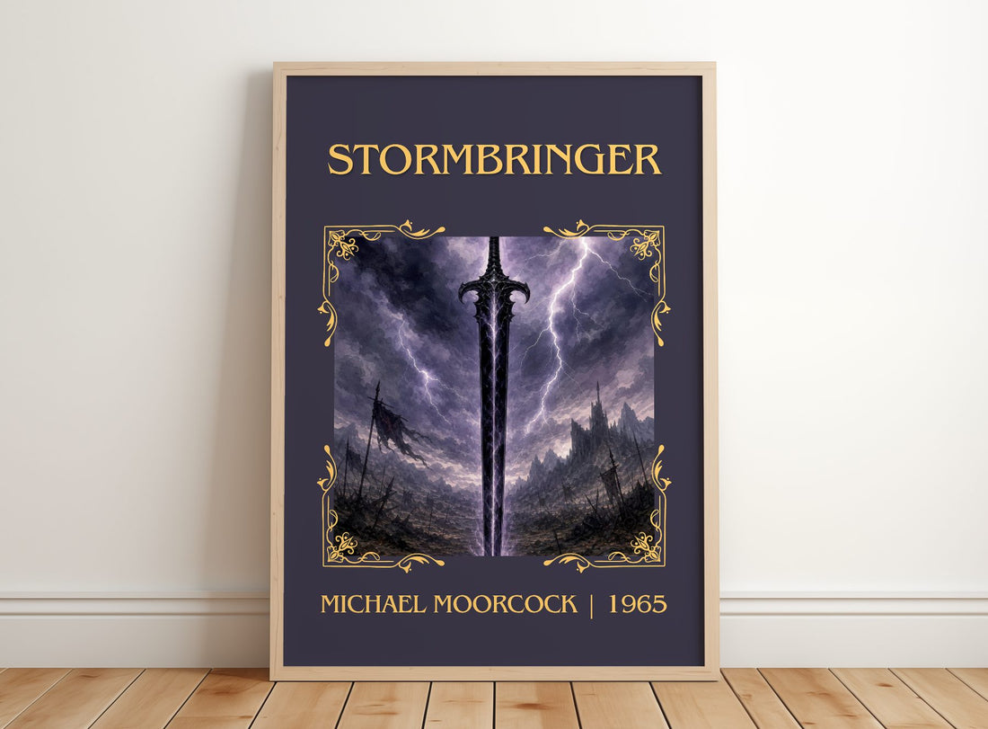 Stormbringer Classic Book Art Print by Michael Moorcock – framed print leaning on a wooden floor