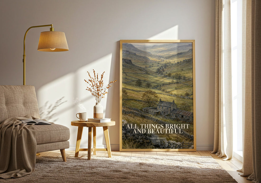All Things Bright And Beautiful watercolour print in frame leaning in hallway – memoir wall art (mockup)