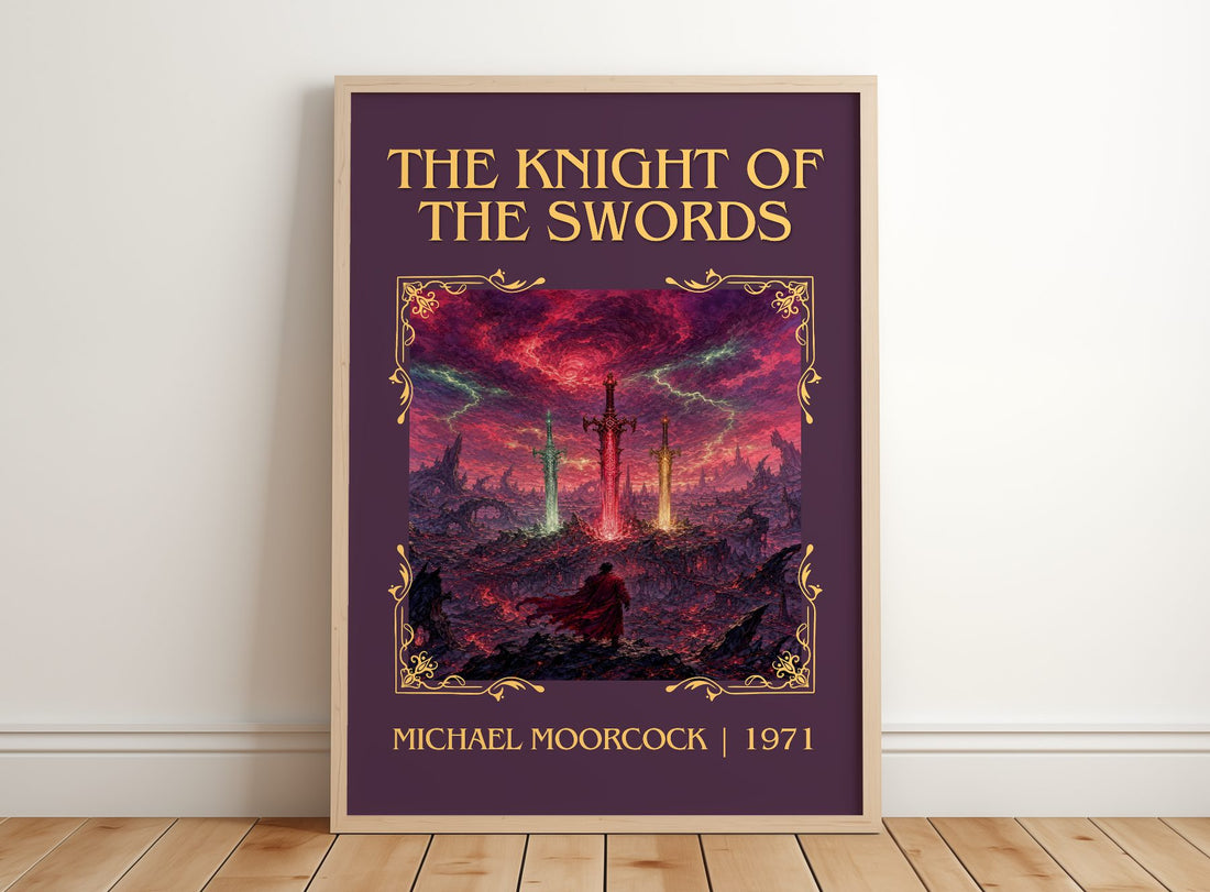 The Knight of the Swords Classic Book Art Print by Michael Moorcock – framed print leaning on a wooden floor