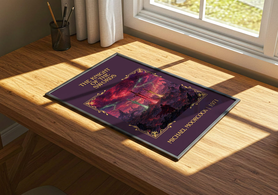 The Knight of the Swords Classic Book Art Print by Michael Moorcock – print on a sunlit desk