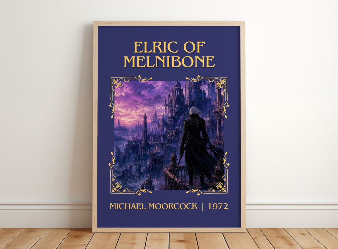Elric of Melniboné Classic Book Art Print by Michael Moorcock – framed print leaning on a wooden floor