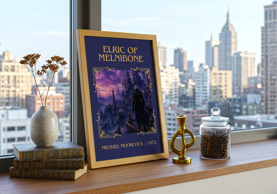 Elric of Melniboné Classic Book Art Print by Michael Moorcock – framed print on a city-view windowsill