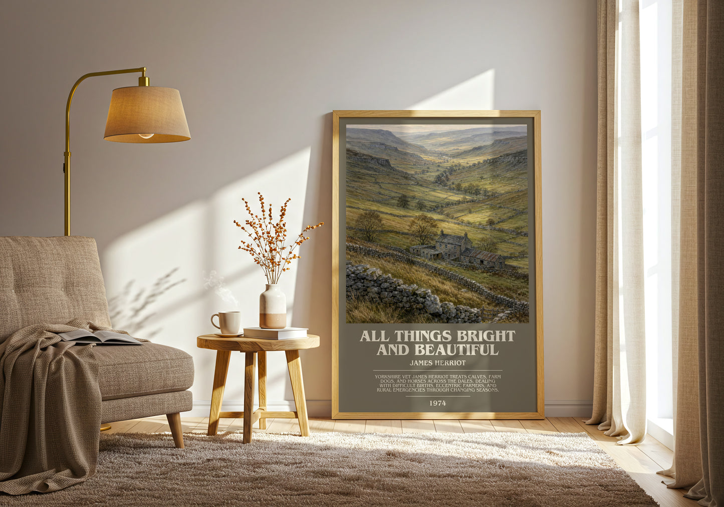 All Things Bright And Beautiful bookish print on bookshelf – James Herriot fan gift