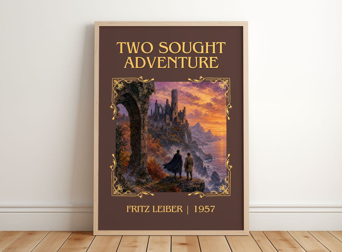 Two Sought Adventure Classic Book Art Print by Fritz Leiber – framed print leaning on a wooden floor