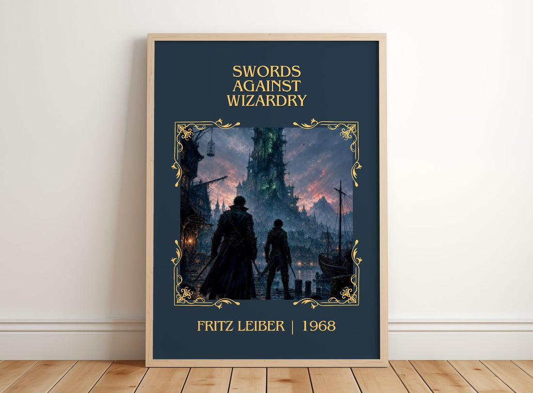 Swords Against Wizardry Classic Book Art Print by Fritz Leiber – framed print leaning on a wooden floor