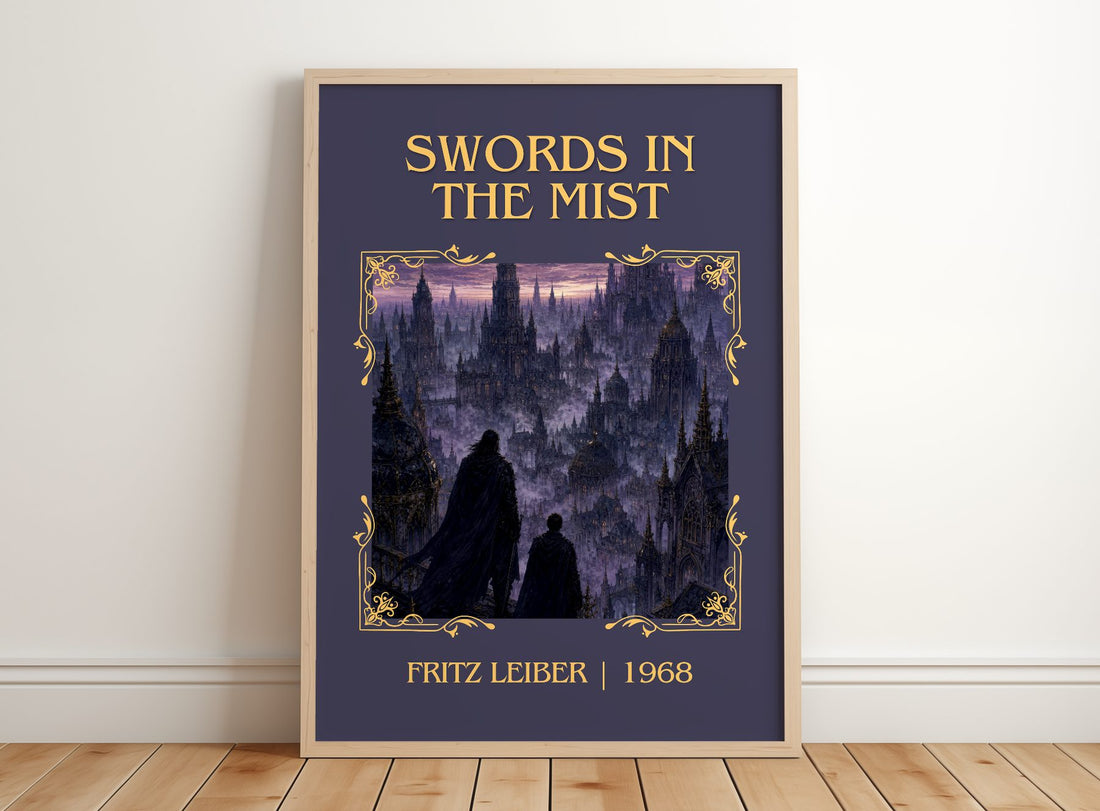 Swords in the Mist Classic Book Art Print by Fritz Leiber – framed print leaning on a wooden floor
