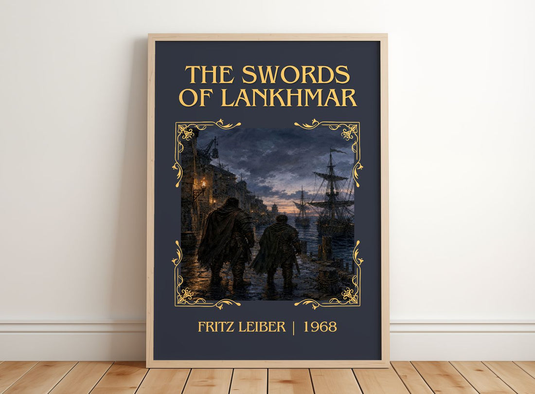 The Swords of Lankhmar Classic Book Art Print by Fritz Leiber – framed print leaning on a wooden floor