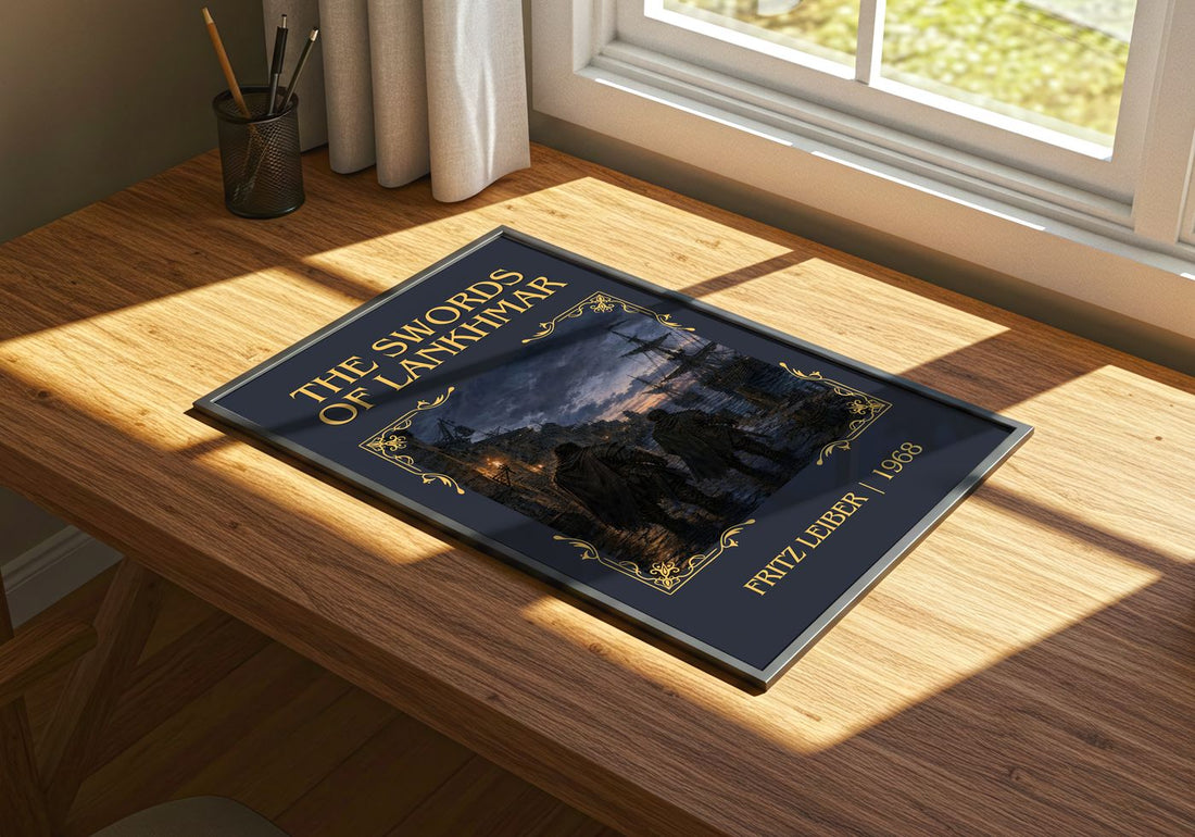 The Swords of Lankhmar Classic Book Art Print by Fritz Leiber – print on a sunlit desk