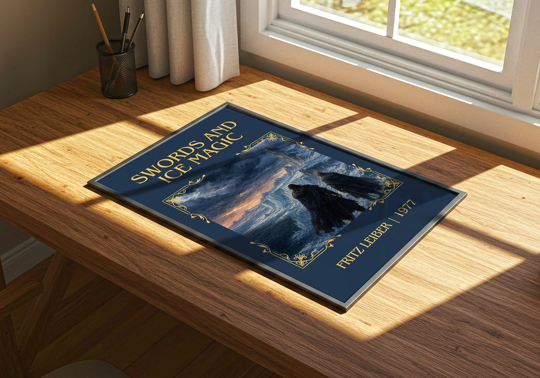 Swords and Ice Magic Classic Book Art Print by Fritz Leiber – print on a sunlit desk
