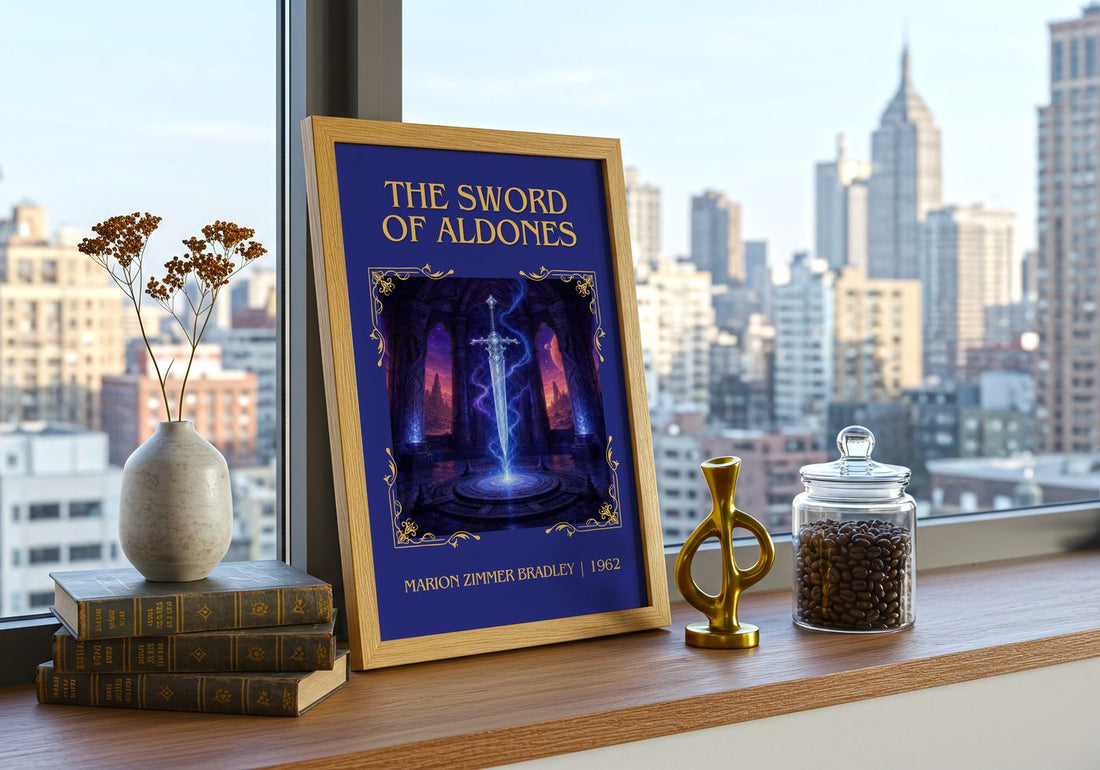 The Sword of Aldones Classic Book Art Print by Marion Zimmer Bradley – framed print on a city-view windowsill