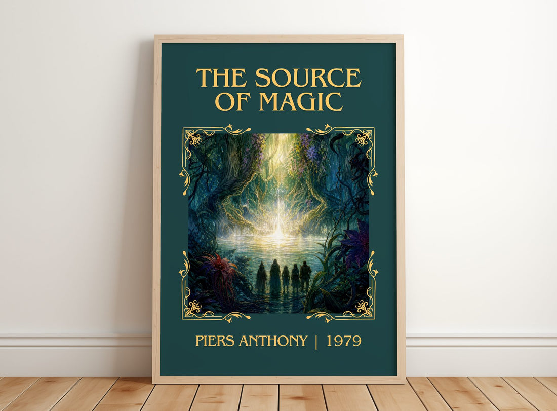The Source of Magic Classic Book Art Print by Piers Anthony – framed print leaning on a wooden floor