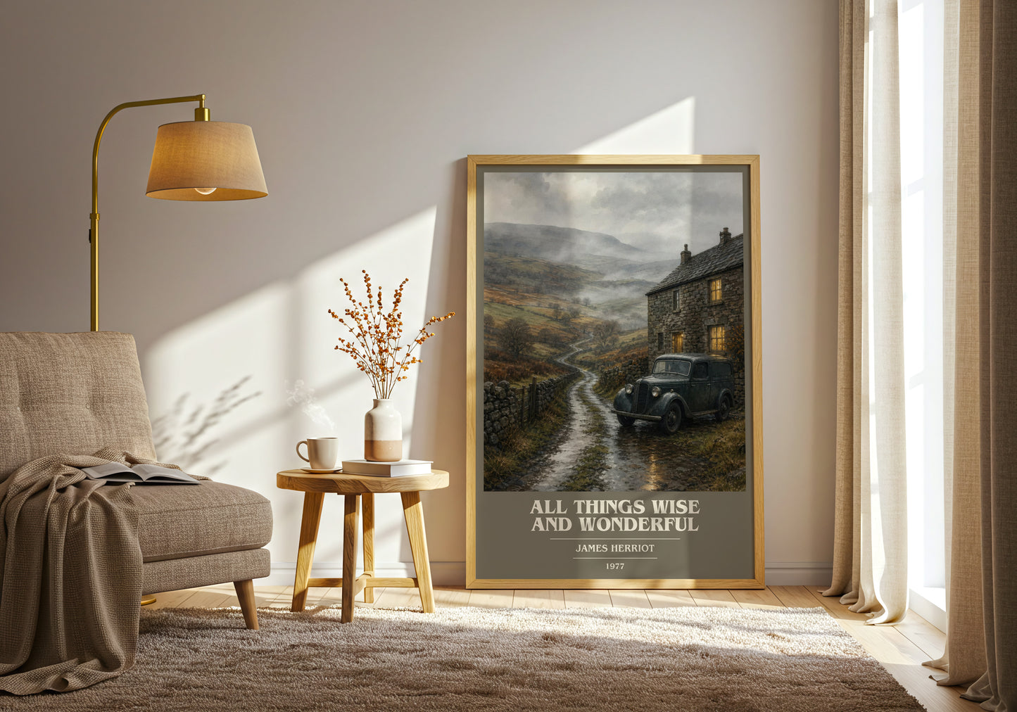 All Things Wise And Wonderful book cover print on bookshelf – James Herriot fan gift