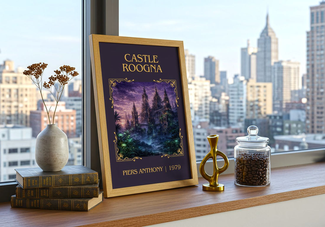 Castle Roogna Classic Book Art Print by Piers Anthony – framed print on a city-view windowsill
