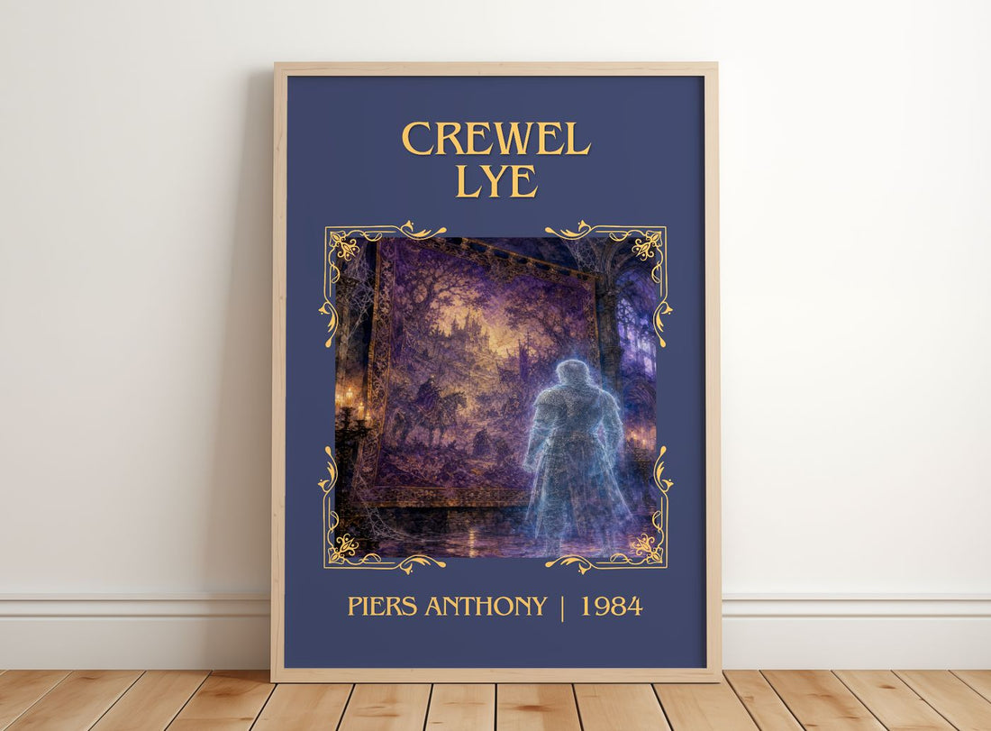 Crewel Lye Classic Book Art Print by Piers Anthony – framed print leaning on a wooden floor