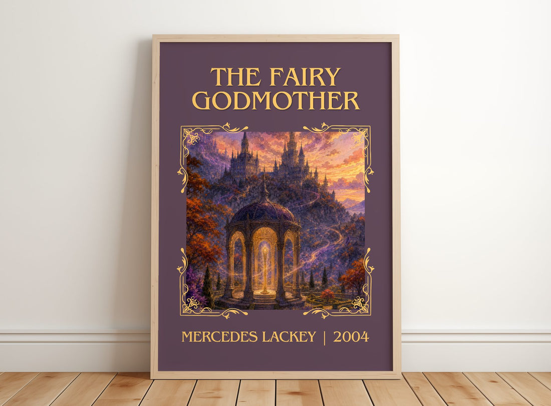 The Fairy Godmother Classic Book Art Print by Mercedes Lackey – framed print leaning on a wooden floor
