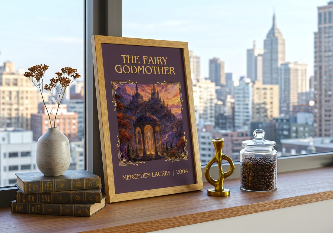 The Fairy Godmother Classic Book Art Print by Mercedes Lackey – framed print on a city-view windowsill
