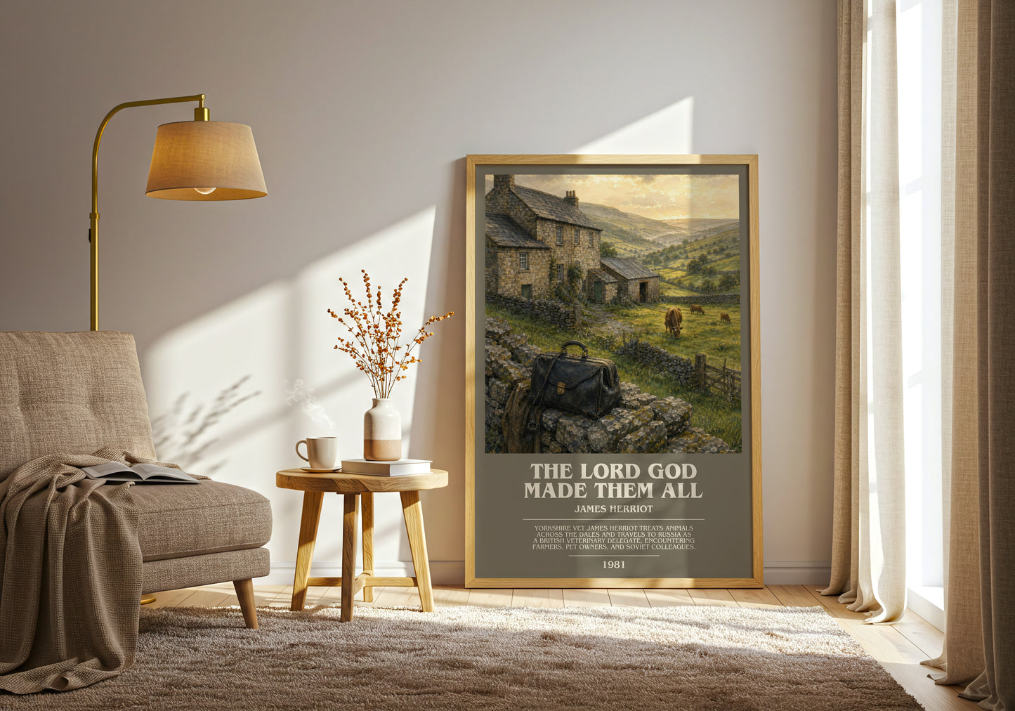 The Lord God Made Them All bookish print on bookshelf – James Herriot fan gift