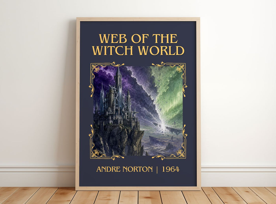 Web of the Witch World Classic Book Art Print by Andre Norton – framed print leaning on a wooden floor