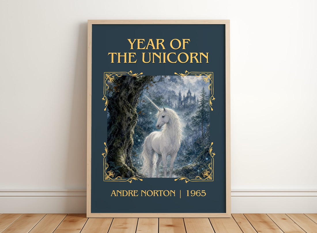 Year of the Unicorn Classic Book Art Print by Andre Norton – framed print leaning on a wooden floor