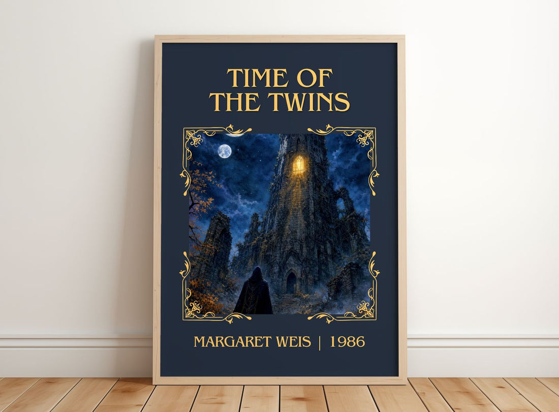 Time of the Twins Classic Book Art Print by Margaret Weis – framed print leaning on a wooden floor