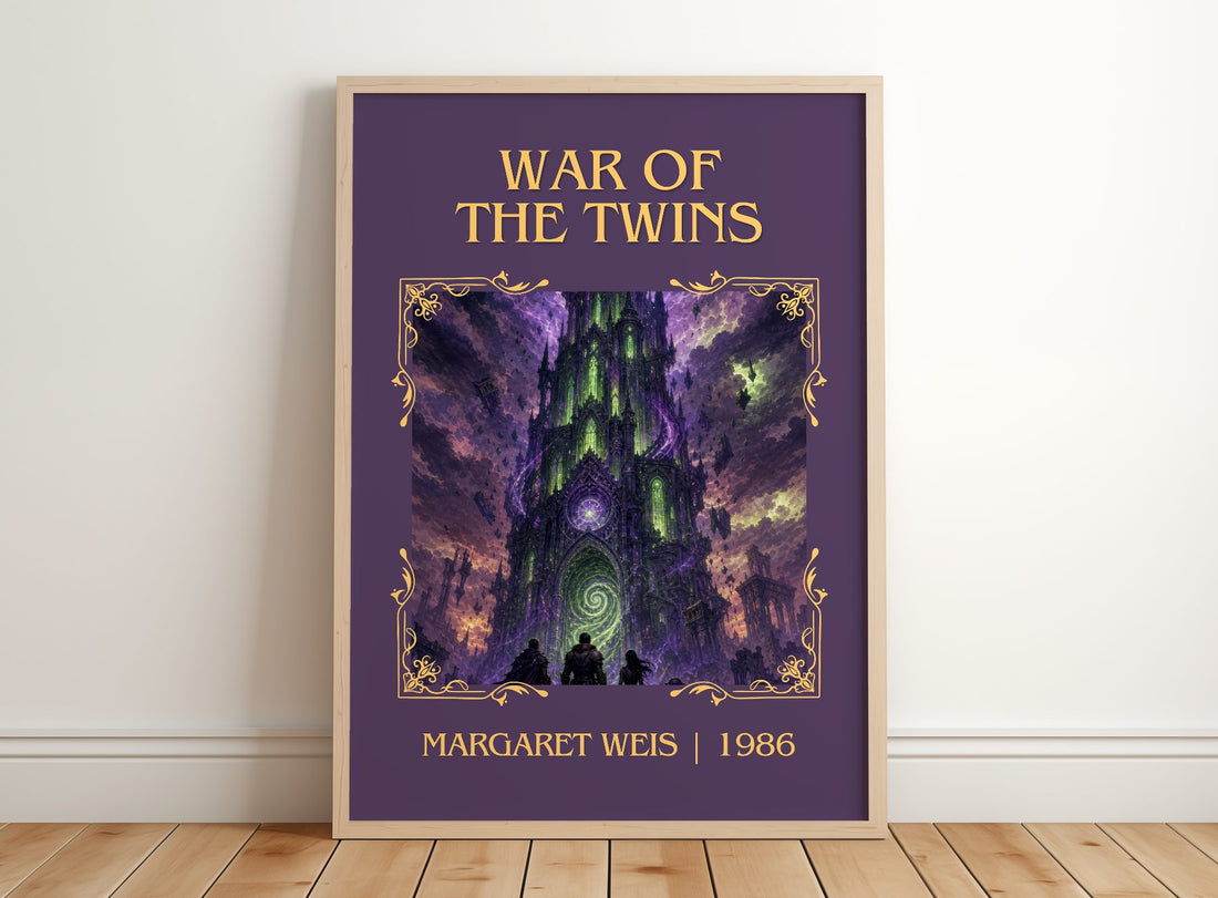 War of the Twins Classic Book Art Print by Margaret Weis – framed print leaning on a wooden floor