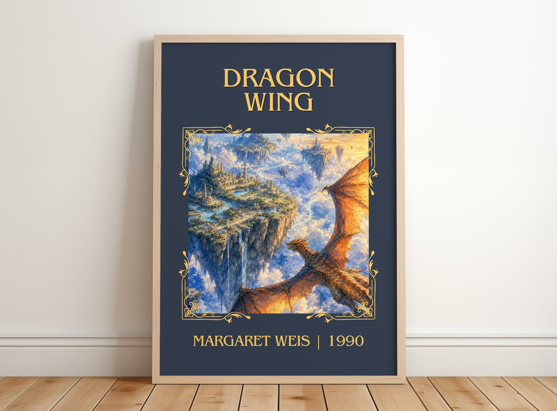 Dragon Wing Classic Book Art Print by Margaret Weis – framed print leaning on a wooden floor