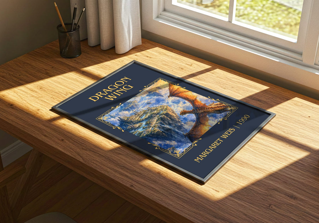 Dragon Wing Classic Book Art Print by Margaret Weis – print on a sunlit desk
