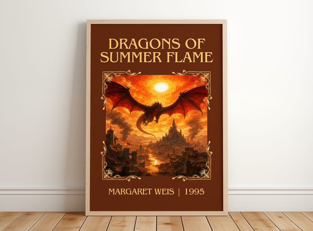 Dragons of Summer Flame Classic Book Art Print by Margaret Weis – framed print leaning on a wooden floor