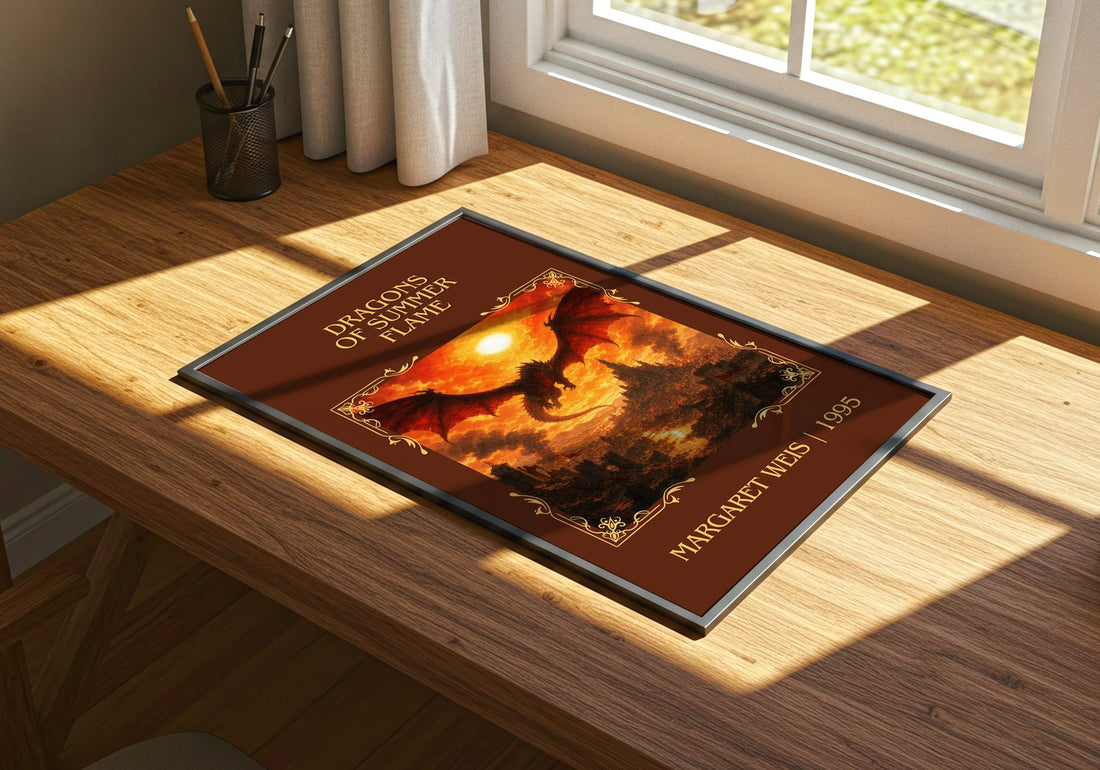 Dragons of Summer Flame Classic Book Art Print by Margaret Weis – print on a sunlit desk