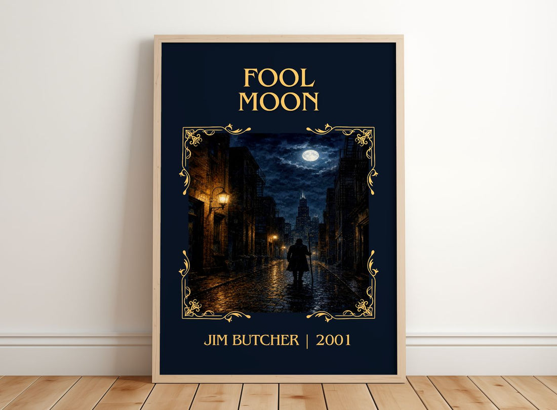 Fool Moon Classic Book Art Print by Jim Butcher – framed print leaning on a wooden floor