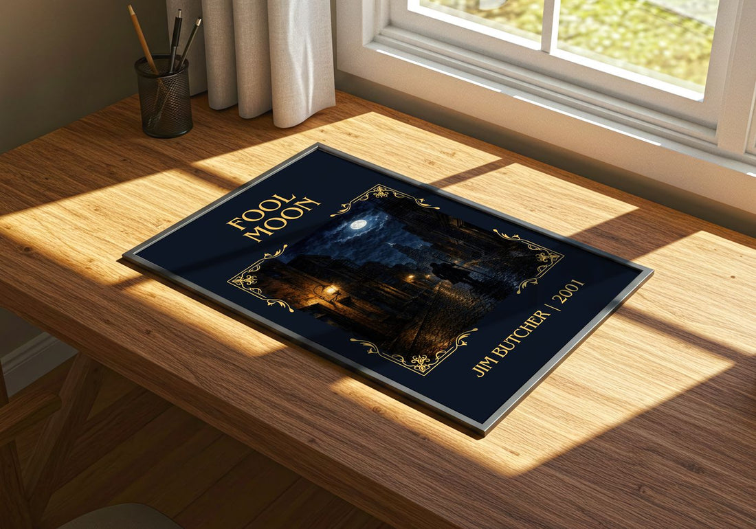 Fool Moon Classic Book Art Print by Jim Butcher – print on a sunlit desk
