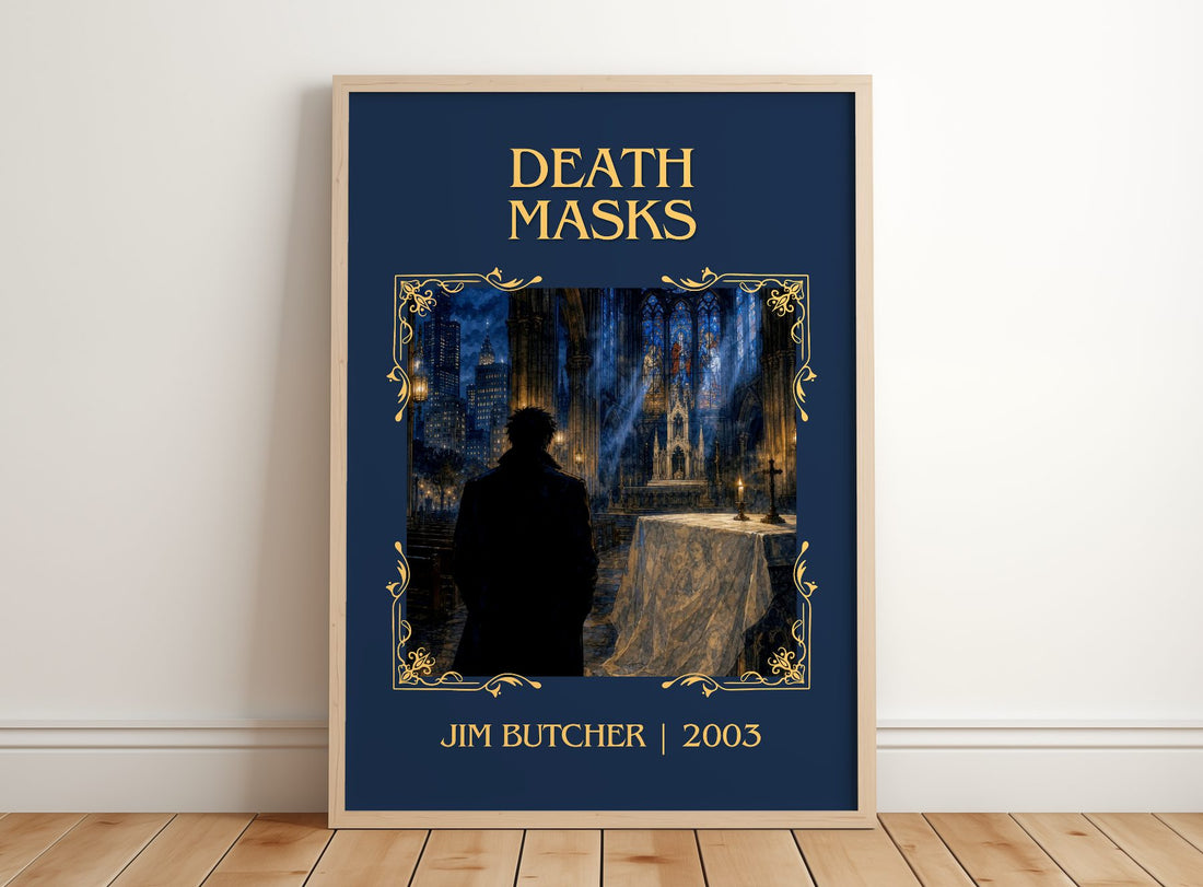 Death Masks Classic Book Art Print by Jim Butcher – framed print leaning on a wooden floor
