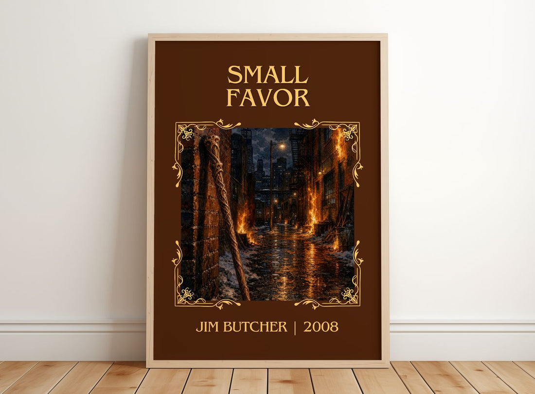 Small Favor Classic Book Art Print by Jim Butcher – framed print leaning on a wooden floor