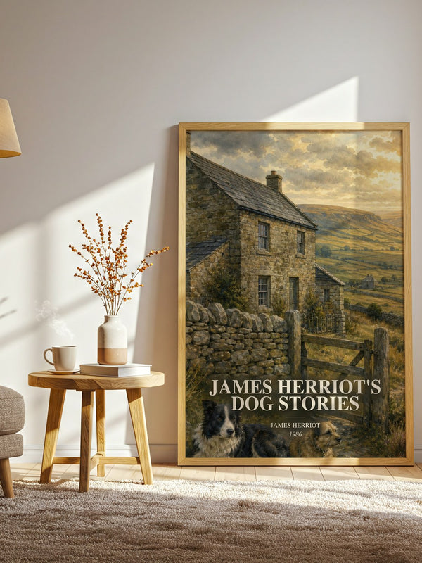 James Herriot'S Dog Stories watercolour print in frame leaning in hallway – memoir wall art