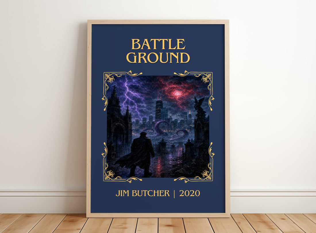 Battle Ground Classic Book Art Print by Jim Butcher – framed print leaning on a wooden floor
