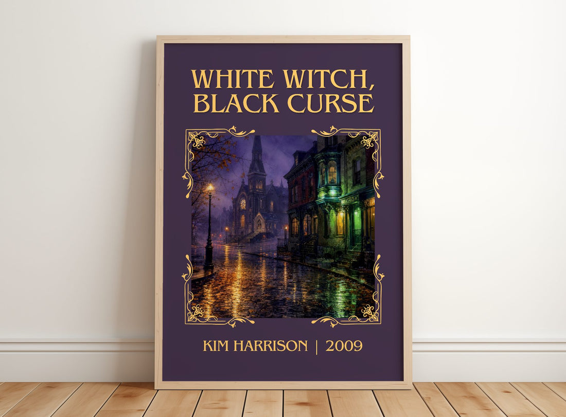 White Witch, Black Curse Classic Book Art Print by Kim Harrison – framed print leaning on a wooden floor
