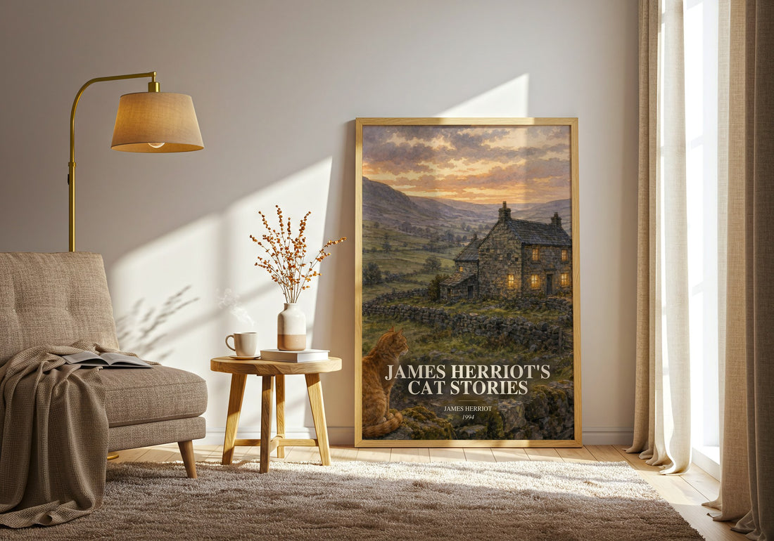 James Herriot'S Cat Stories watercolour print in frame leaning in hallway – memoir wall art (mockup)