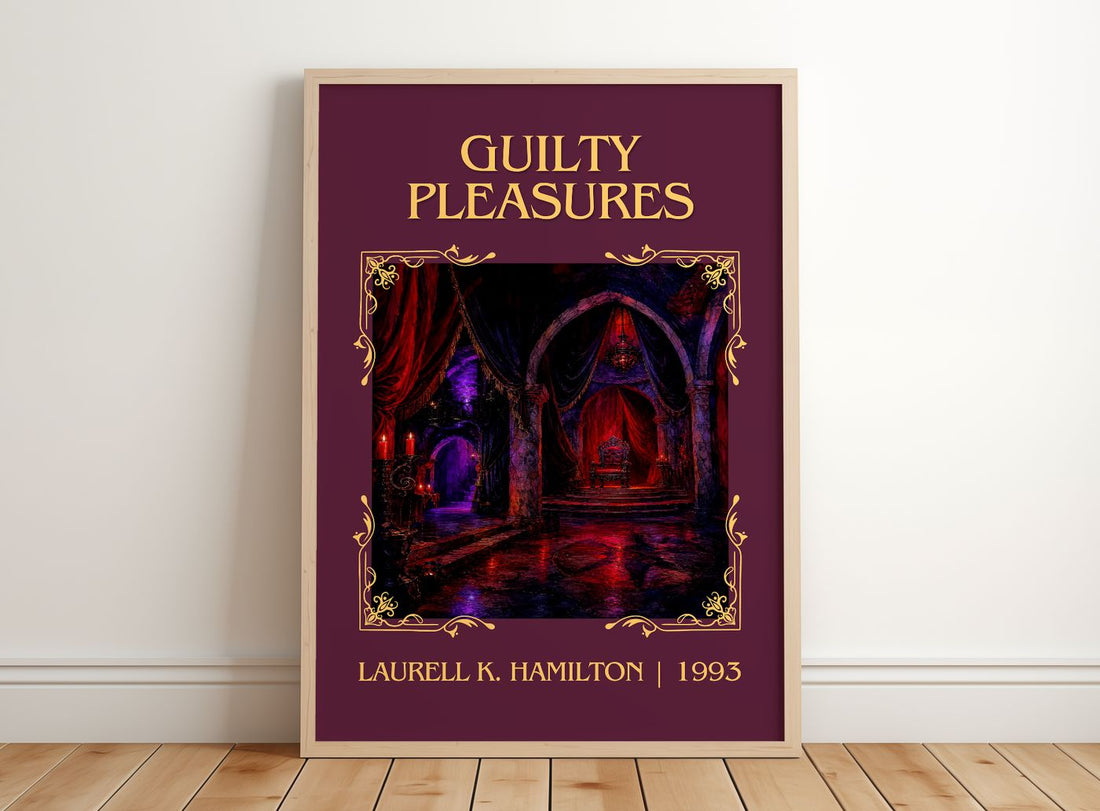 Guilty Pleasures Classic Book Art Print by Laurell K. Hamilton – framed print leaning on a wooden floor