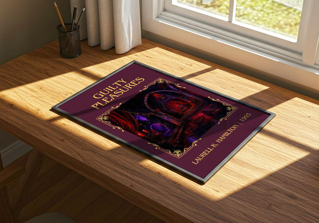 Guilty Pleasures Classic Book Art Print by Laurell K. Hamilton – print on a sunlit desk