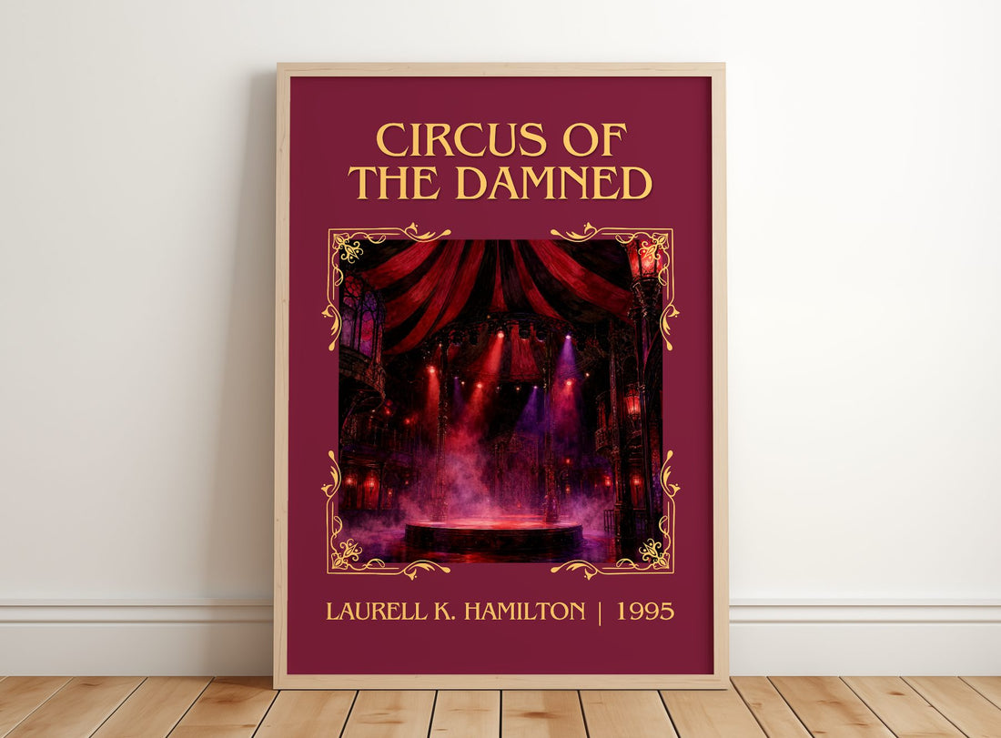 Circus of the Damned Classic Book Art Print by Laurell K. Hamilton – framed print leaning on a wooden floor